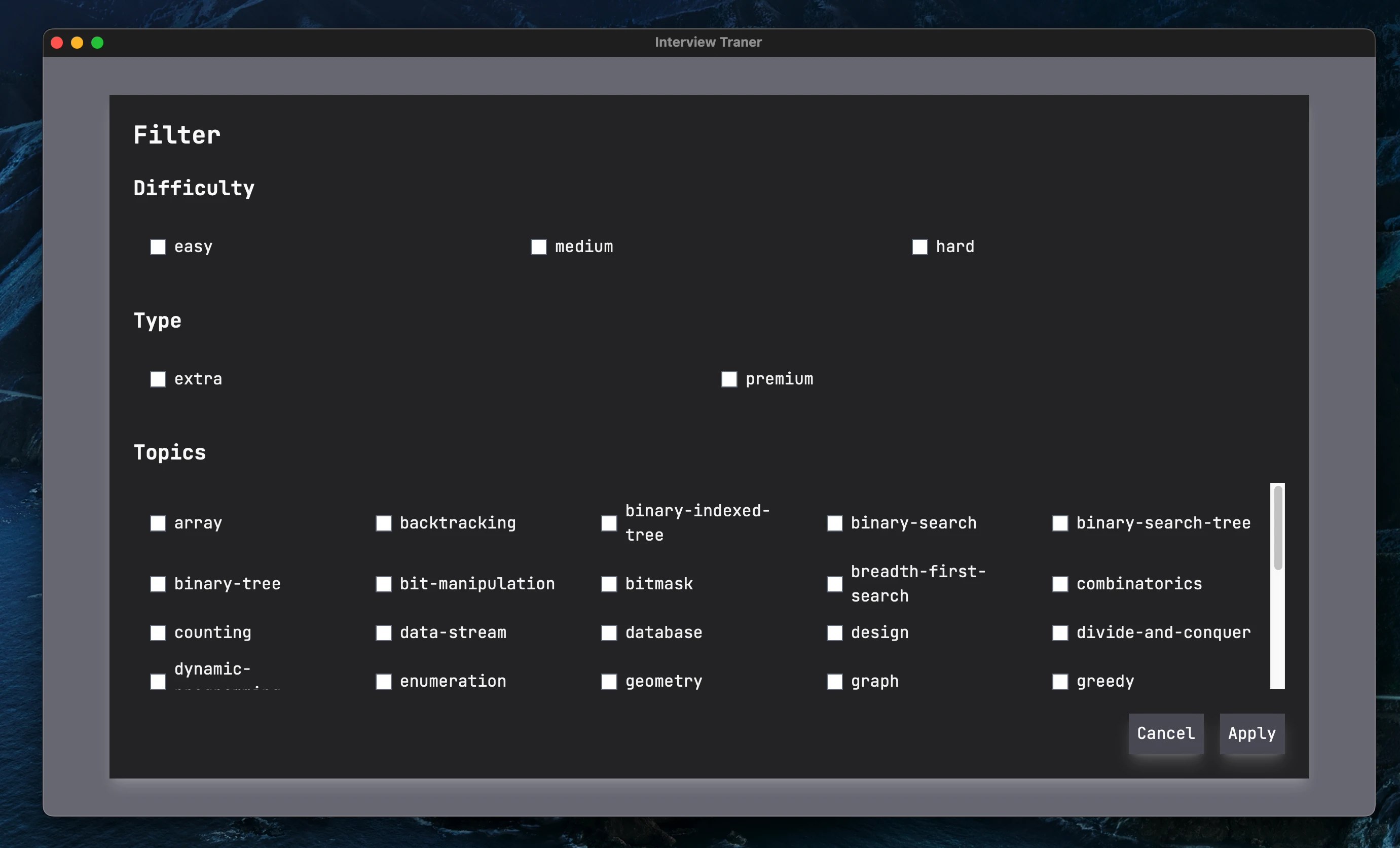 Screenshot of the filter dialog